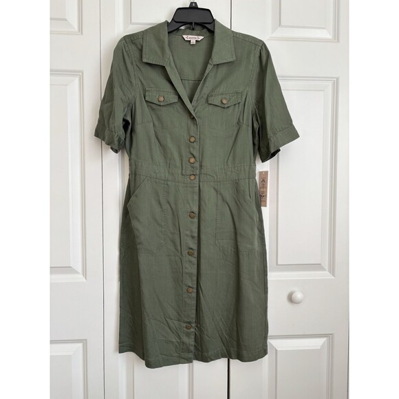 NANETTE WOMENS DRESS OLIVE GREEN SHORT SLEEVE MINISHIRT DRESS BUTTON DOWN 198 - Picture 1 of 7